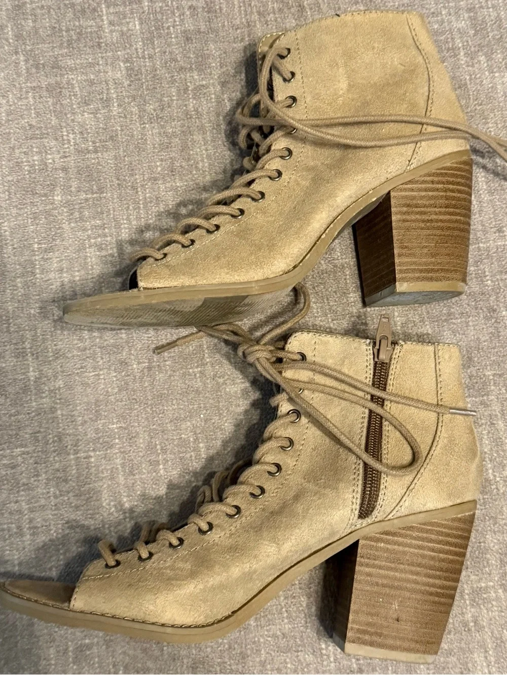 Mossimo Supply Co. Taupe Suede Lace-Up Peep-Toe Heels